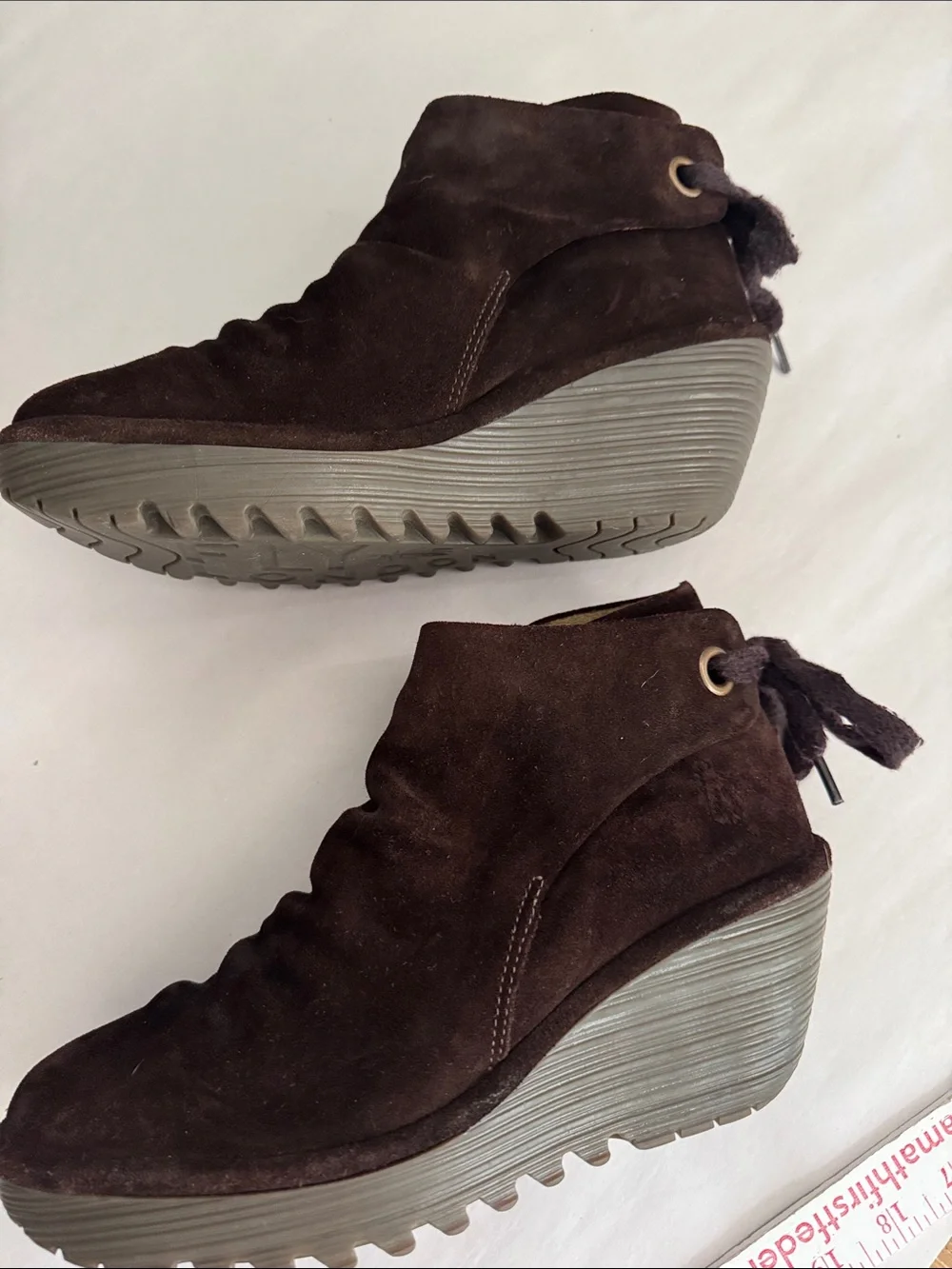 Fly London Yebi Brown Suede Wedge Booties Women 7 Ruched Tie Back Ankle Boot